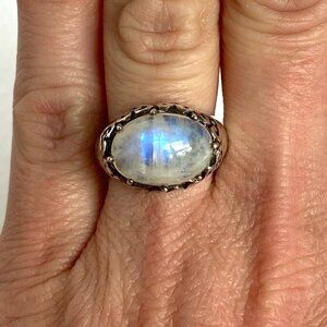 Sterling Silver 925 Oval East West Moonstone Cabochon Heart Bezel Ring Sz 5.5